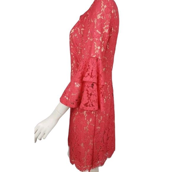 Eliza J Lace Overlay Bell Sleeve Dress Coral Sz 12 - Picture 3 of 6